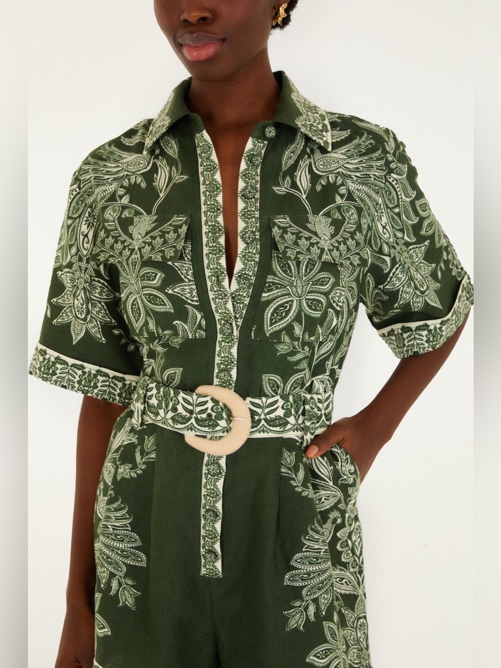 Farm Rio: MIRANDA DARK GREEN SHORT SLEEVE ROMPER - Picture 2 of 13